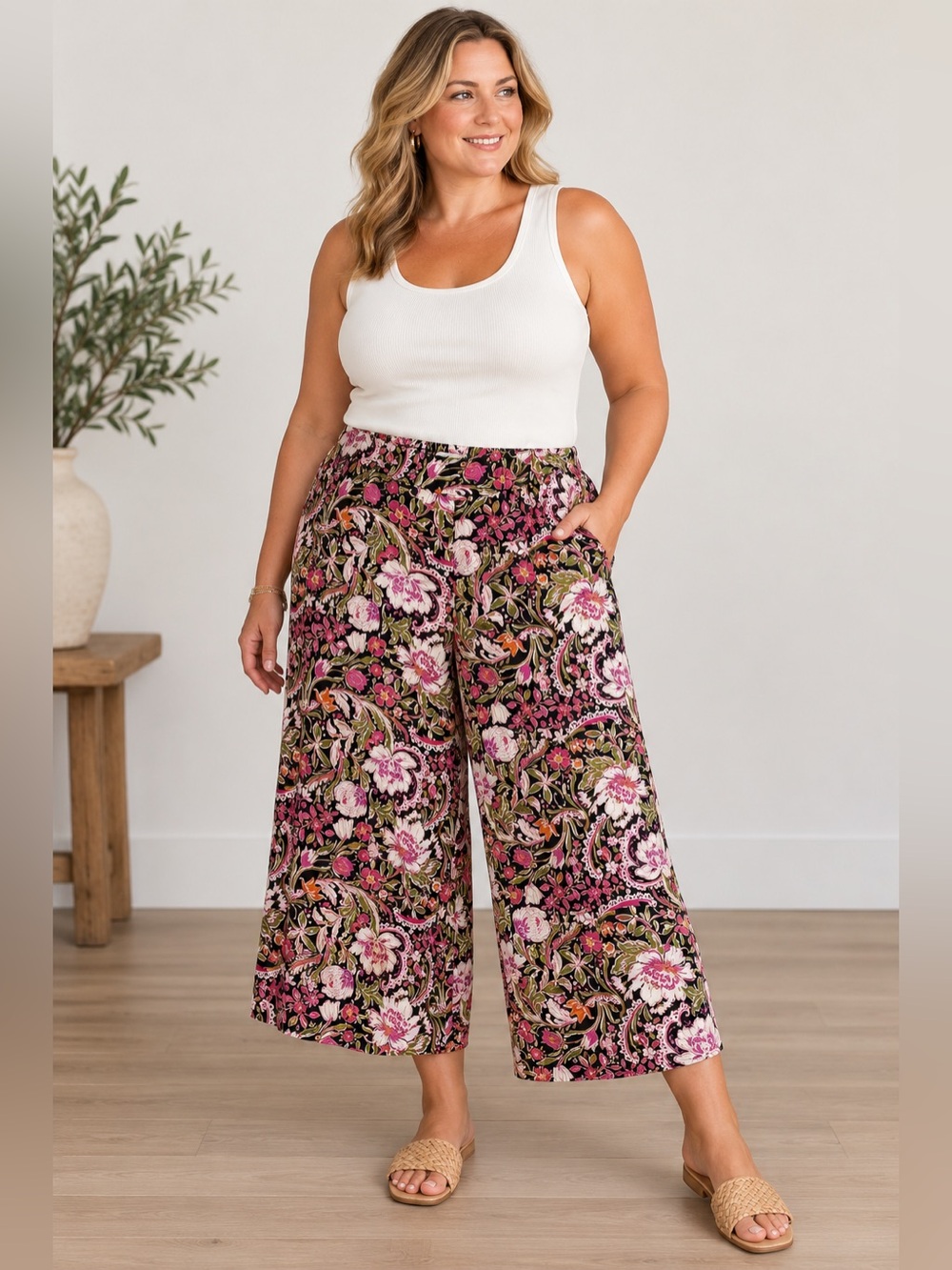 Joie XL 100% Linen Floral Paisley Cropped Wide Leg Pants